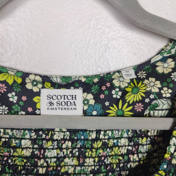 Scotch & Soda Amsterdam Midi Dress Women Medium Green Floral Smocked Puff Sleeve - Picture 7 of 10